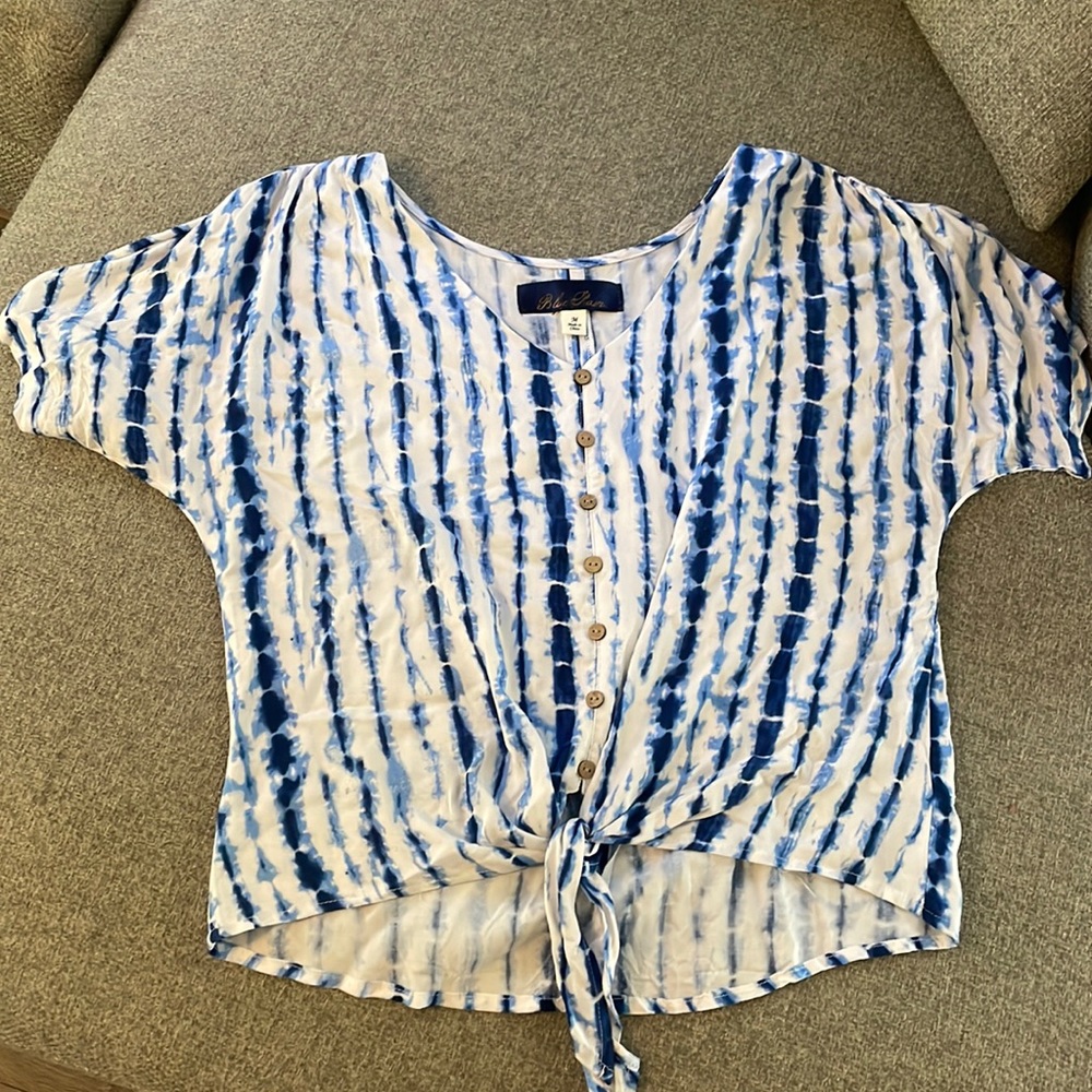 Blue Tye-Dye Top with Tie Front